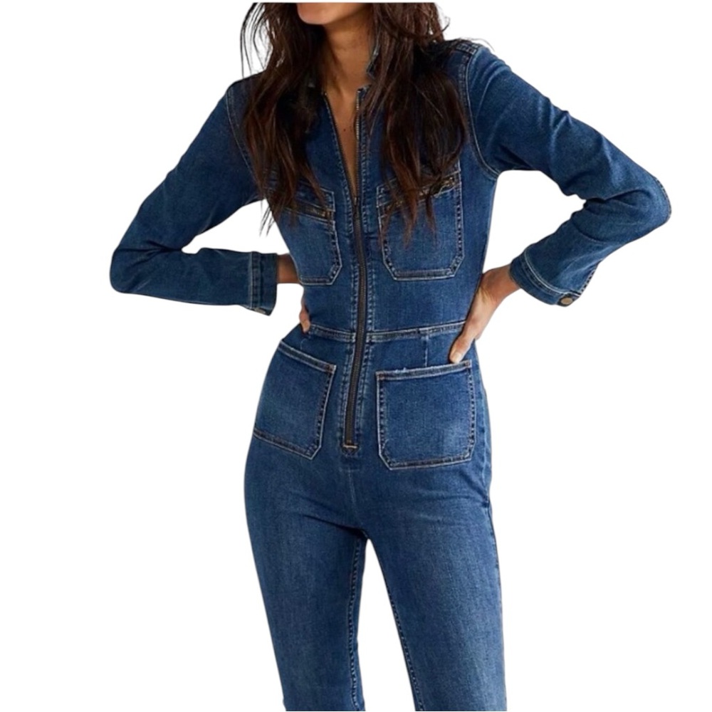 Free People Lennox Jumpsuit Denim Boilersuit Zip Front Coverall Size Large